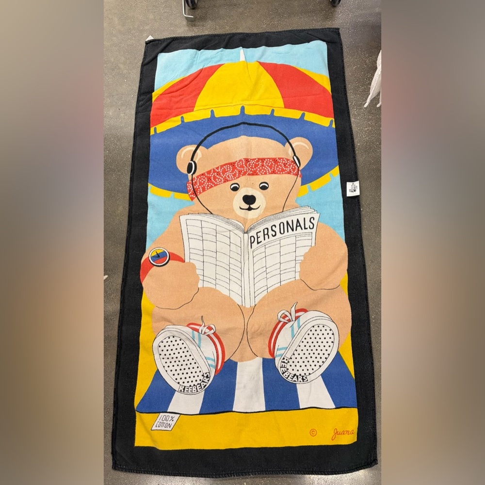 Vintage 80s Bear Beach Towel Juana TerriMondo Reebear Graphic Cotton